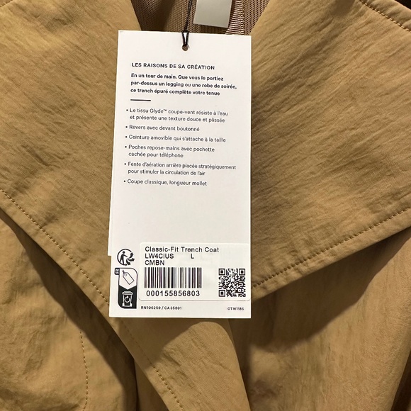 LULULEMON CLASSIC FIT TRENCH COAT CAMEL BROWN LARGE NWT - Picture 10 of 12